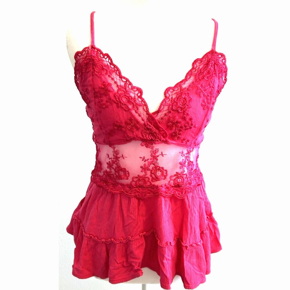 Y2K Babydoll Cami Hot Pink Lace Top RUE 21 Festival Coquette Fairy Club 90s L